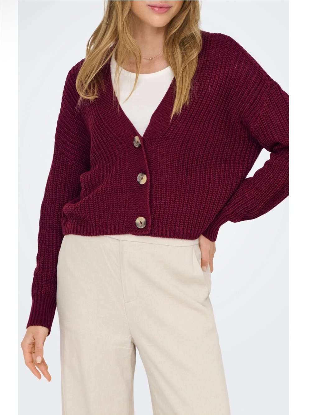 Only carol crop cardigan Burgundy Chunky V-Neck